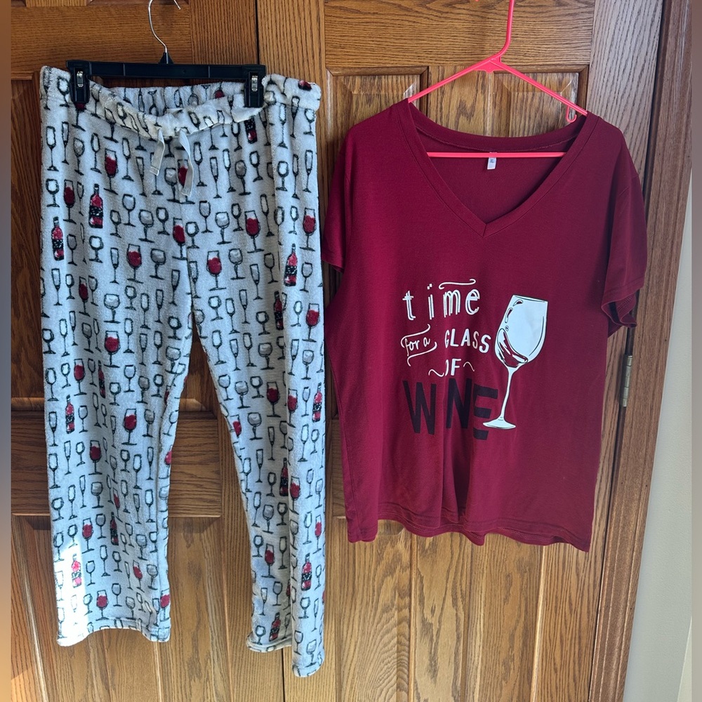 Pajama Set Size XL Time for Wine Top & Fleece Pants Wine Glasses Daydream